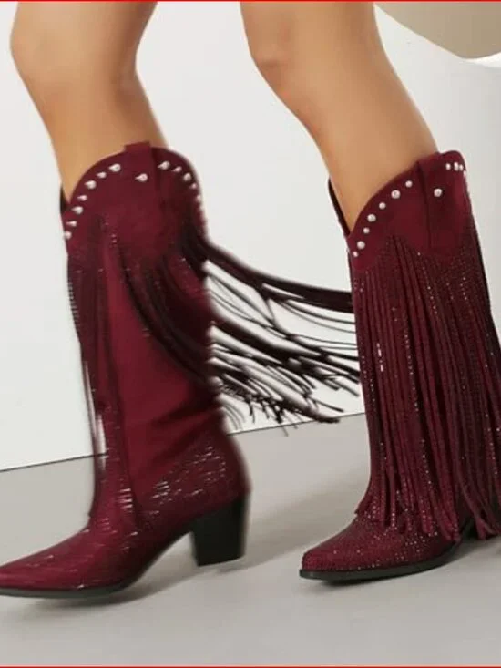 Rhinestone Fringe Cowgirl Boots, Faux Leather Mid-Calf Chunky Heel - Picture 4 of 7